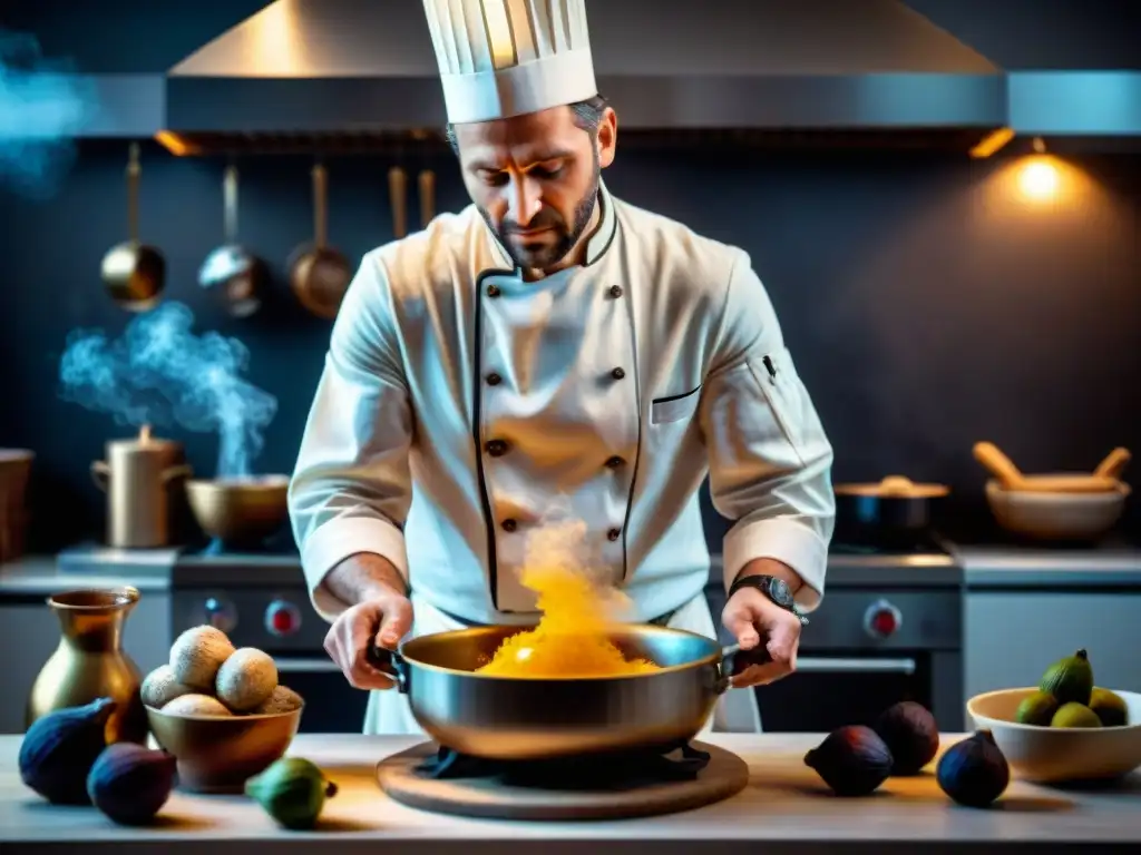 Un chef romano hábil preparando un plato antiguo con garum, miel y higos en una cocina moderna