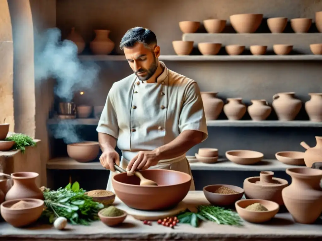 Chef romano preparando plato en cocina rústica con utensilios antiguos