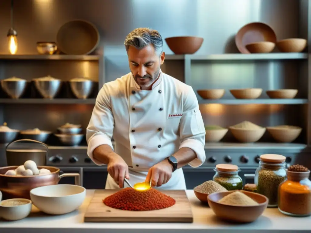 Un chef romano preparando platos icónicos en una auténtica cocina romana, rodeado de especias y utensilios antiguos