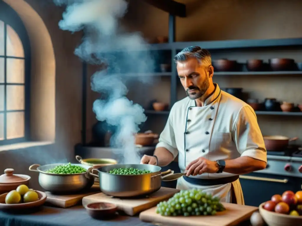 Un chef romano preparando platos icónicos de la cocina italiana en una bulliciosa cocina antigua