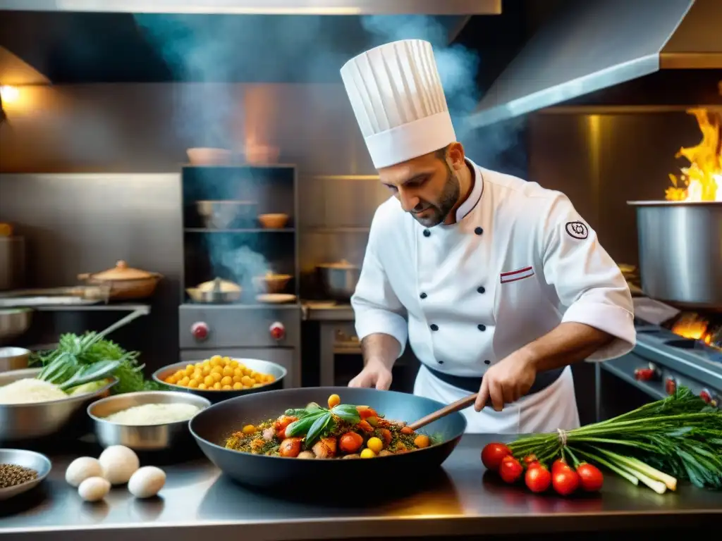 Un chef romano preparando platos icónicos en una bulliciosa cocina de Roma, con ingredientes frescos y mucho arte culinario