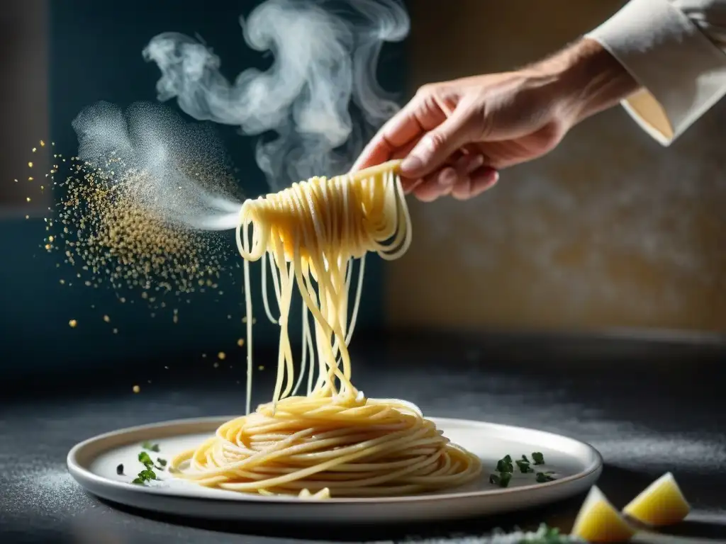 Un chef romano preparando una receta auténtica cacio e pepe con Pecorino Romano y pimienta negra recién molida