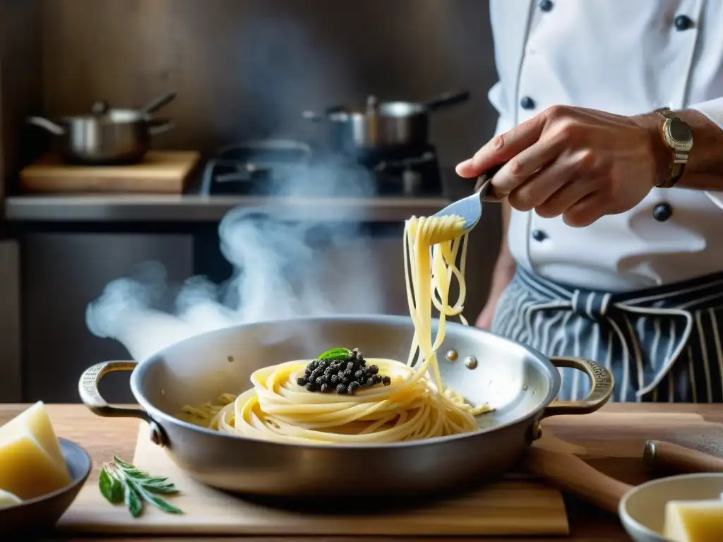 Chef romano preparando receta auténtica cacio e pepe con maestría en cocina tradicional