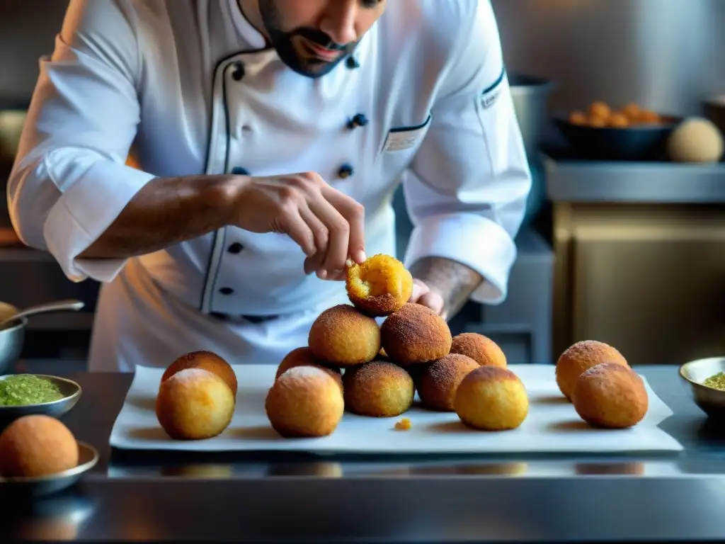 Chef romano preparando Receta Supplì al Teléfono Romanos en su acogedora cocina, con arancini dorados y vapor, uniendo tradición y arte culinario