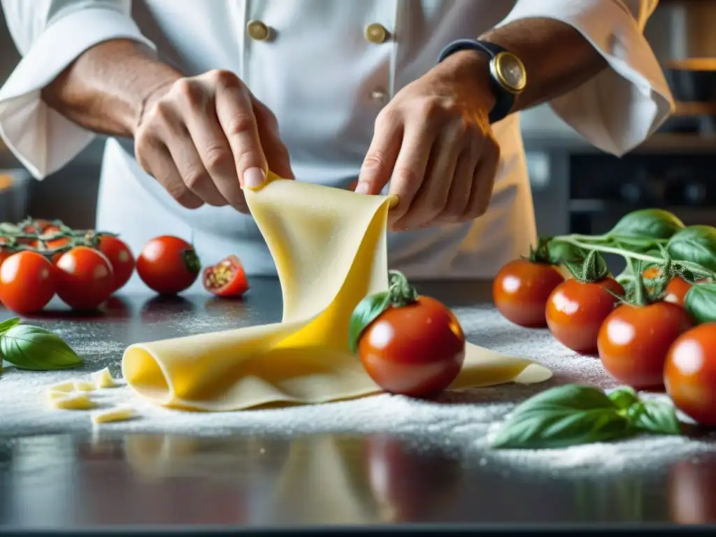 Chef equilibrando sabor y salud al hacer pasta fresca, con tomates y albahaca