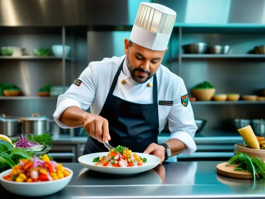 Un chef fusiona sabores en un ceviche italiano con ingredientes frescos en una cocina moderna