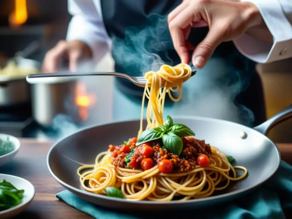 Un chef mezcla habilidosamente spaghetti con salsa italiana tradicional y moderna, creando una fusión innovadora