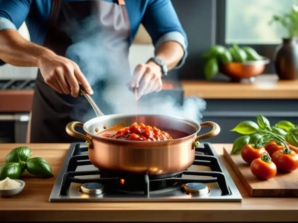 Un chef mezcla una salsa roja en una olla de cobre sobre la estufa con hierbas frescas y ajos