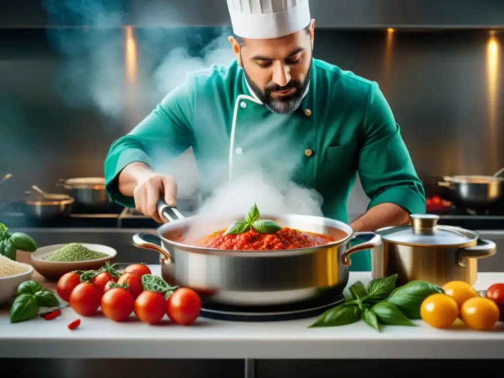 Chef preparando salsas italianas tradicionales y modernas en cocina contemporánea