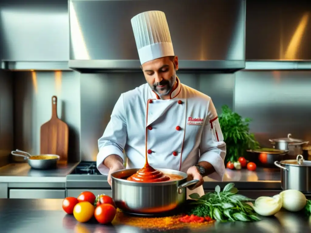 Chef preparando salsas italianas tradicionales y modernas en una cocina vibrante y llena de ingredientes frescos