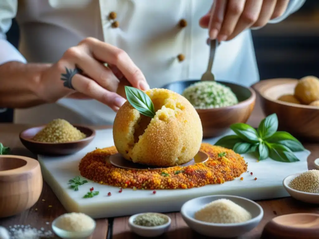 Un chef elabora arancini de quinoa saludables con destreza, en una cocina rústica