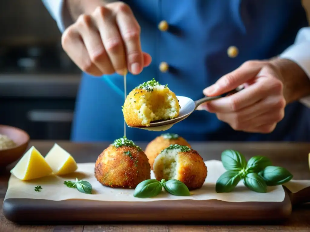 Chef moldea arancini de Quinoa saludables, con ingredientes frescos y utensilios italianos en cocina rústica