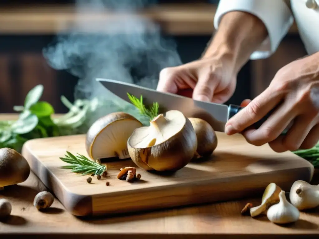 Chef cortando setas Porcini frescas en tabla de madera, ¡ideal para recetas con setas Porcini italianas!