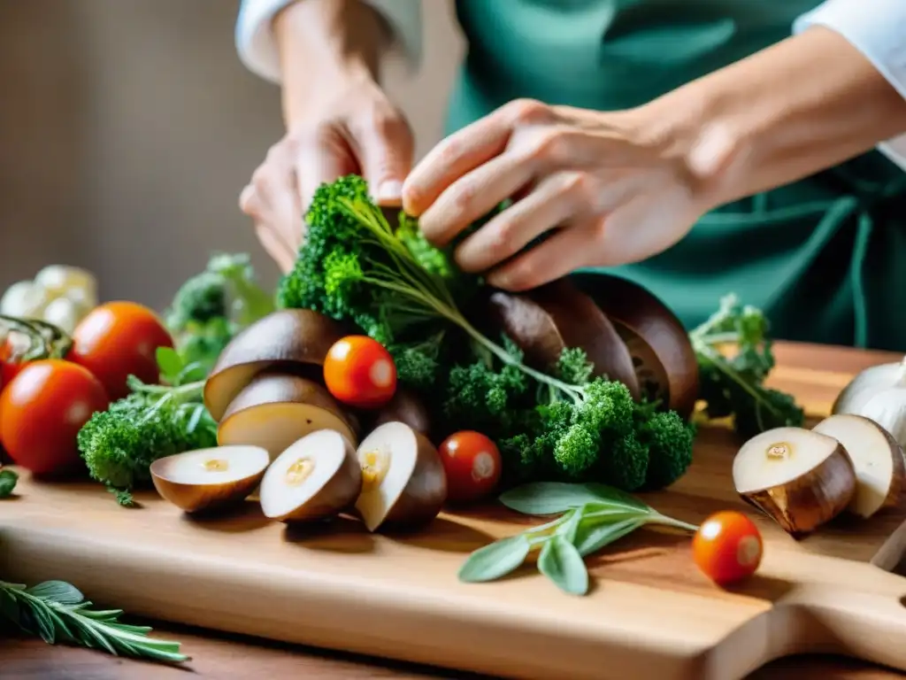 Un chef cortando hábilmente Setas Porcini DOP con hierbas y tomates, reflejando la esencia de la cocina italiana