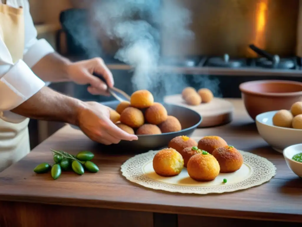 Arancini dorados: arte culinario siciliano en una cocina tradicional Chef siciliano preparando arancini dorados en cocina tradicional