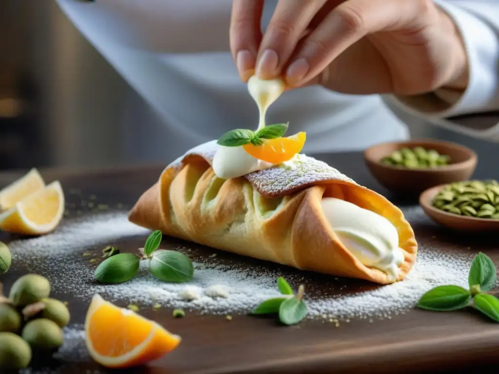 Un chef siciliano experto rellena un cannoli con ricota, mostrando la receta tradicional del cannoli siciliano