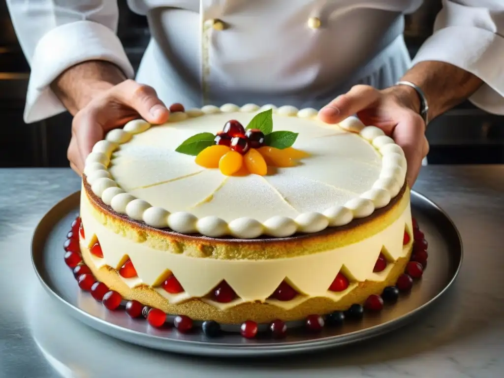 Un chef siciliano experto elaborando una Cassata Siciliana receta tradicional con cuidado y destreza en una cocina rústica