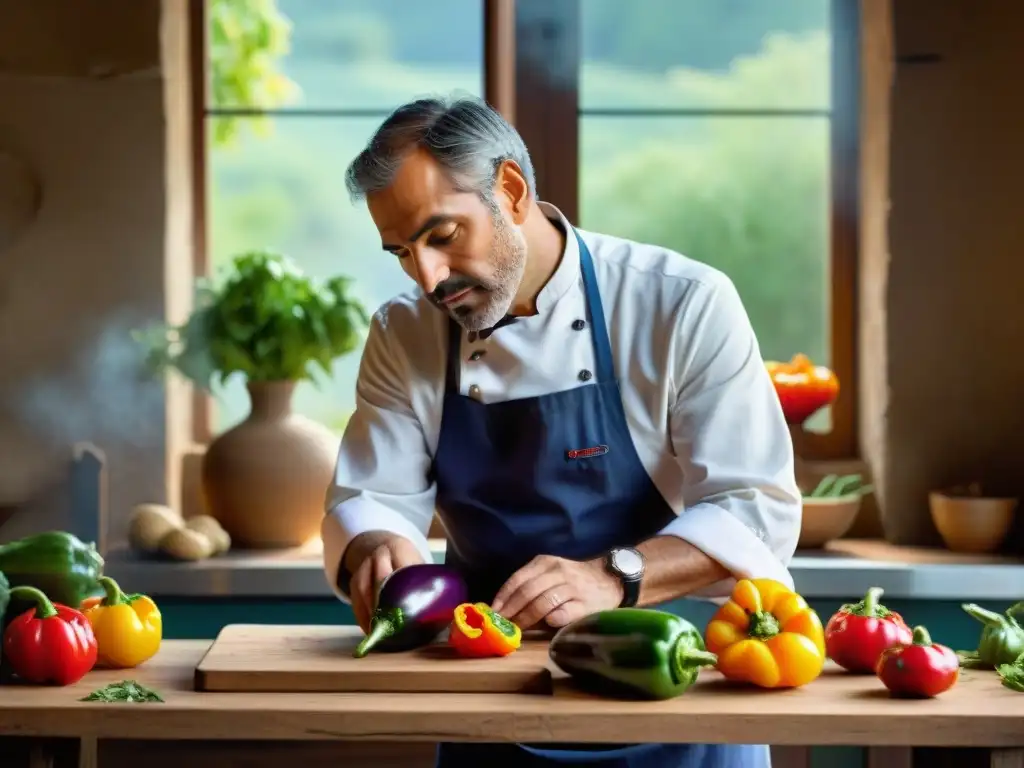 Un chef siciliano experto corta berenjenas y pimientos para una receta auténtica Caponata Siciliana en una cocina tradicional