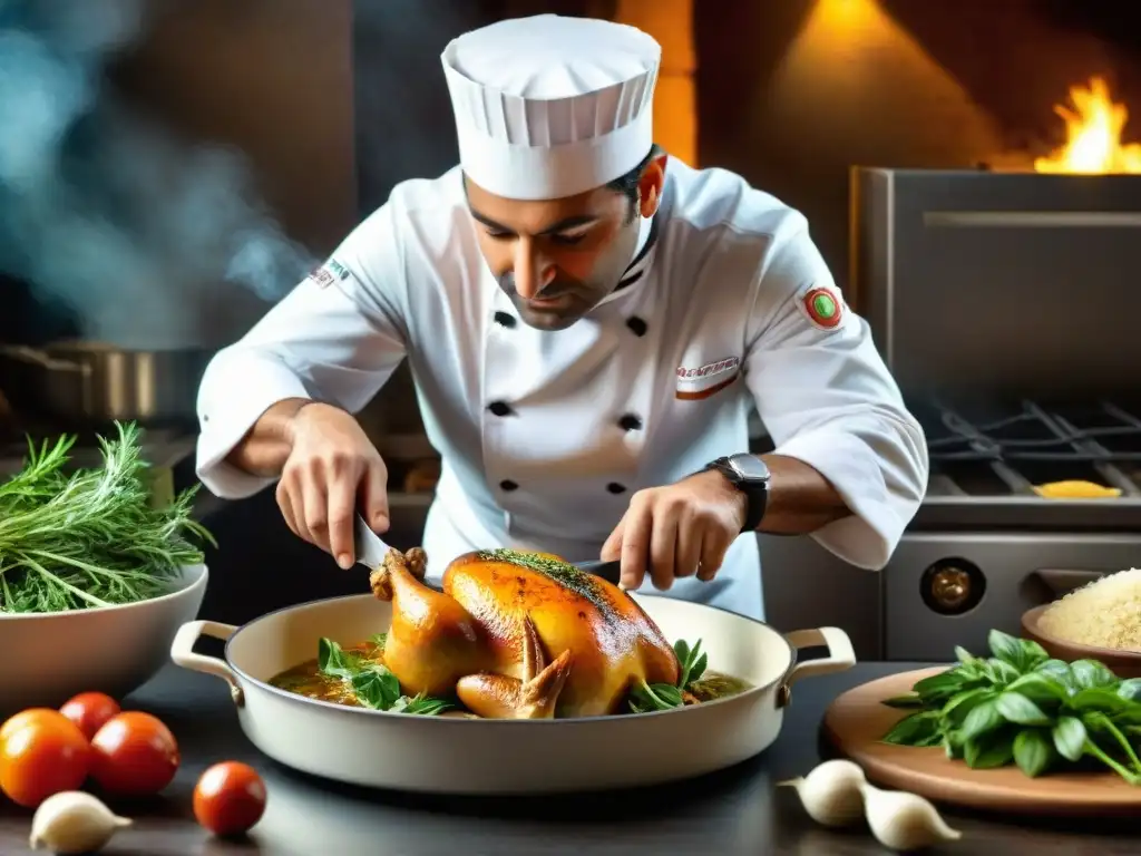 Un chef siciliano experto preparando Pollo al Marsala en una cocina tradicional, demostrando la receta tradicional del plato