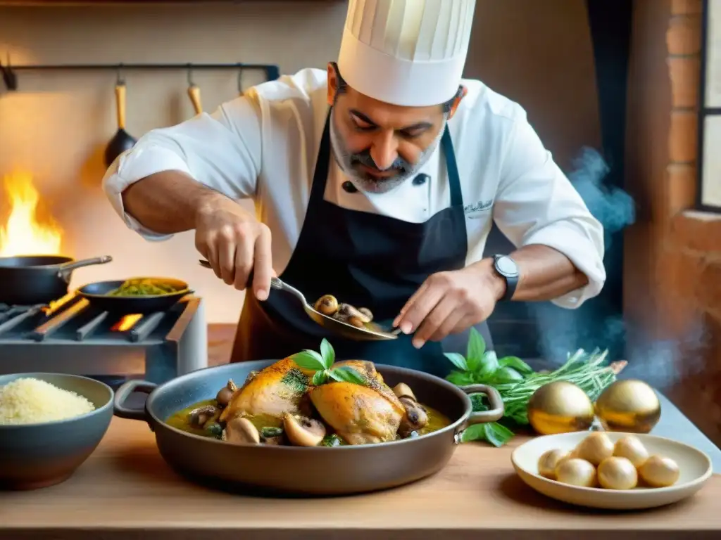 Un chef siciliano experto preparando Pollo al Marsala en una cocina tradicional