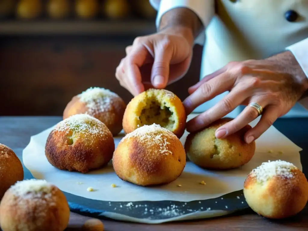 Un chef siciliano experto moldea arancini, mostrando la receta tradicional arancini sicilianos con detalle y pasión