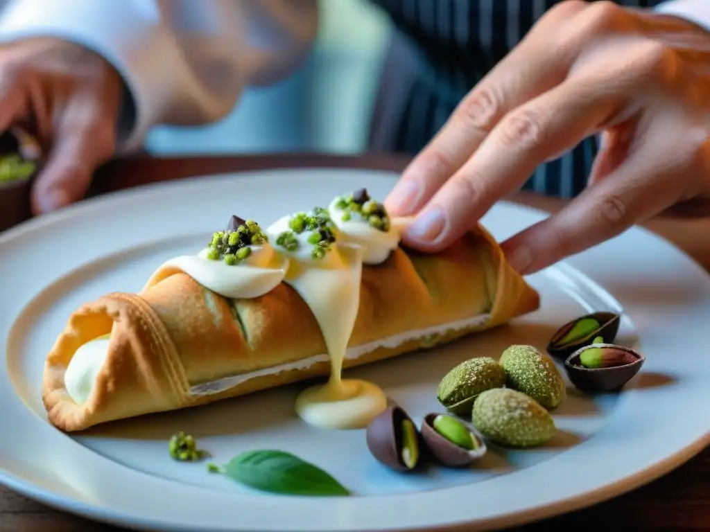 Un chef siciliano experto rellena cannoli con ricotta, mostrando la auténtica receta de cannoli siciliano