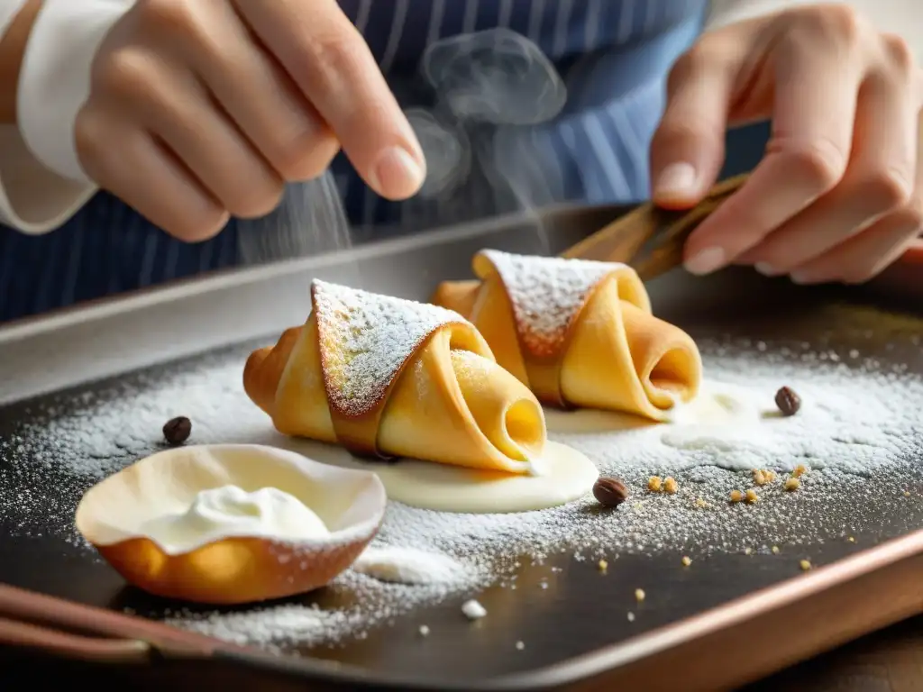 Un chef siciliano experto rellena cannoli con ricota en una cocina tradicional