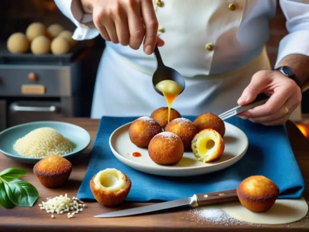 Un chef siciliano experto moldea arancini tradicionales, reflejando la artesanía culinaria siciliana en una cocina rústica