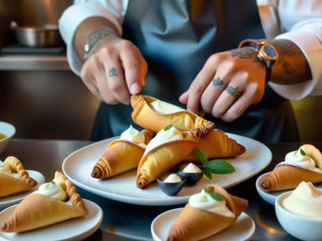 Un chef siciliano llena cannoli con crema ricotta en una cocina tradicional