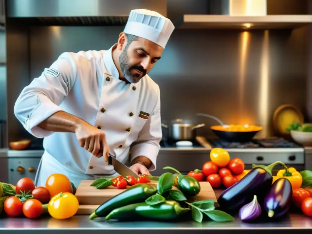 Un chef siciliano preparando con pasión una Caponata siciliana receta tradicional, rodeado de coloridas verduras frescas