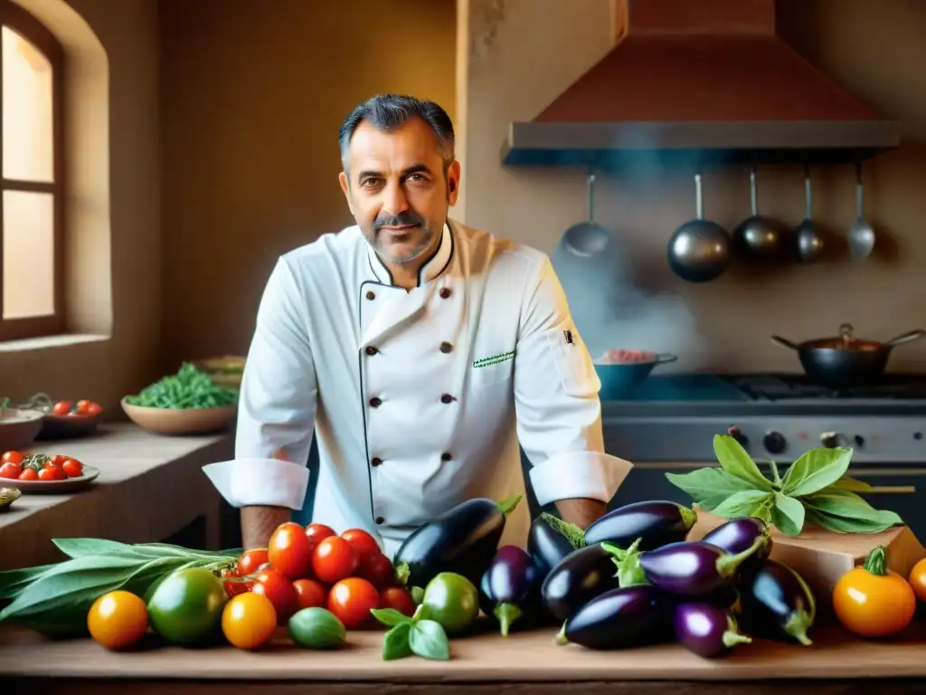 Un chef siciliano preparando con pasión una Caponata Siciliana en una cocina tradicional, rodeado de ingredientes frescos