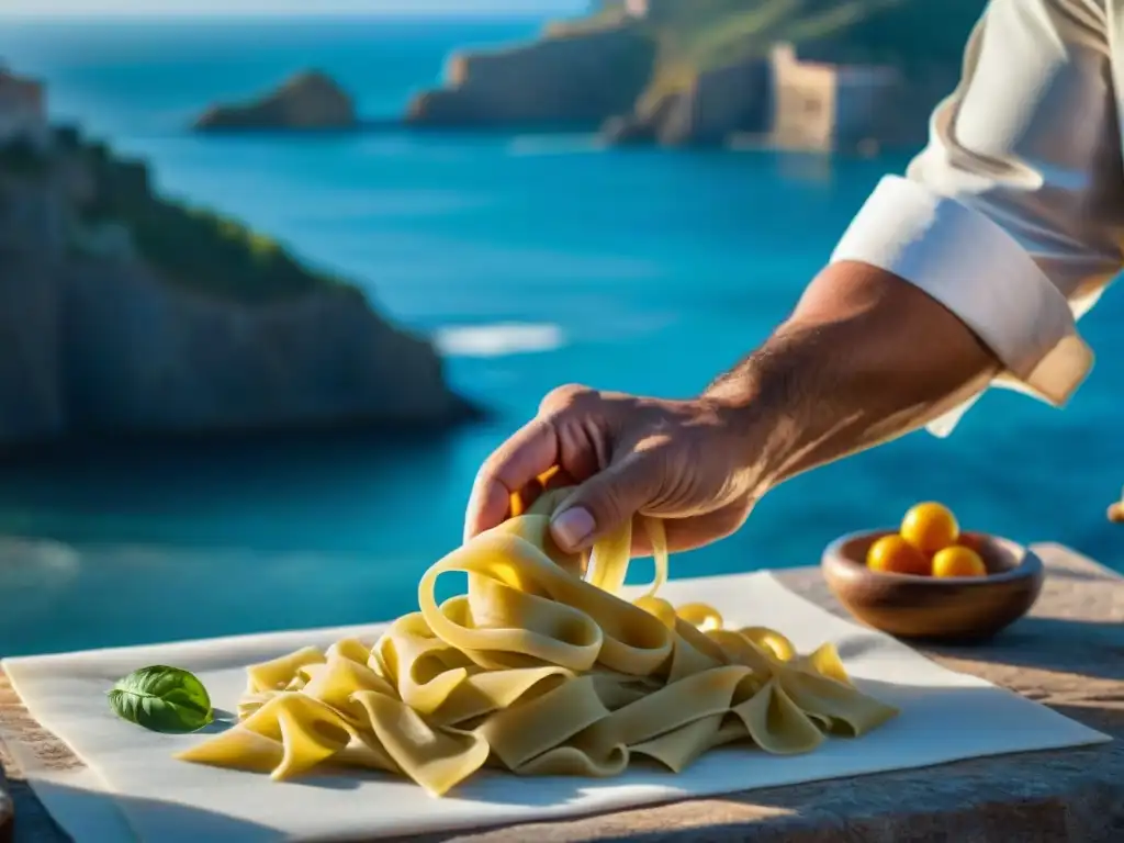 Un chef siciliano crea pasta innovadora en una cocina rústica con vista al mar