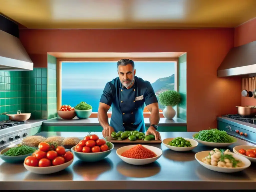 Un chef siciliano preparando un plato con influencia normanda en una bulliciosa cocina mediterránea