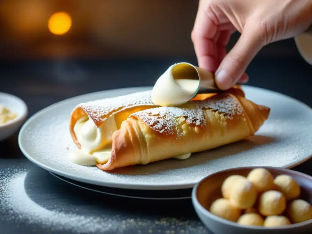 Un chef siciliano rellena cannoli con ricotta en una cocina tradicional