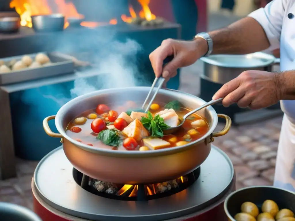 Un chef siciliano prepara sopa de pescado en el Festival de la Sopa de Pescado San Vito, entre ingredientes frescos y ambiente festivo al atardecer