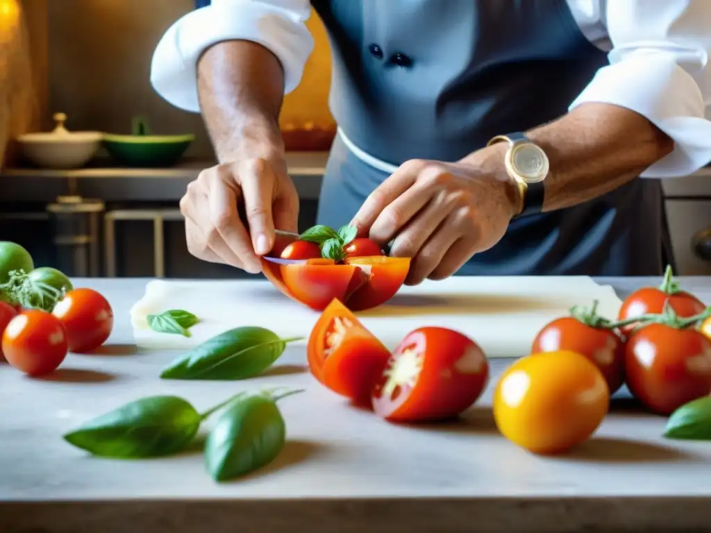 Un chef siciliano cortando tomates para una ensalada Caprese en una cocina italiana con realidad virtual