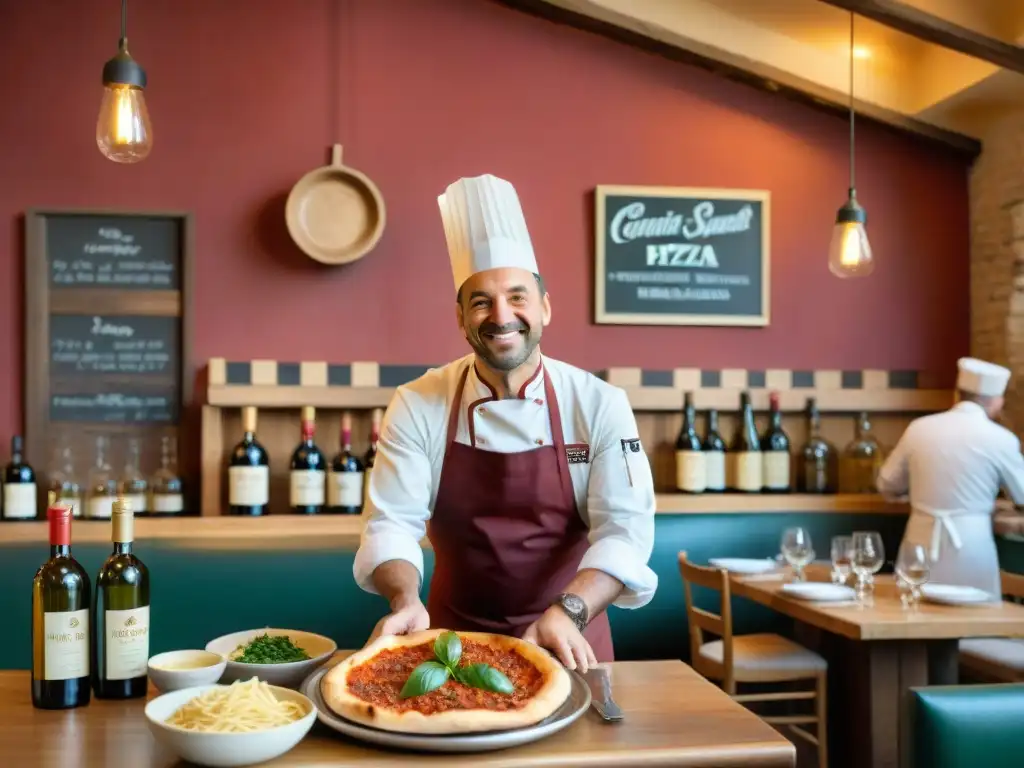 Un chef sonriente en un bullicioso trattoria italiano, lanzando masa de pizza al aire