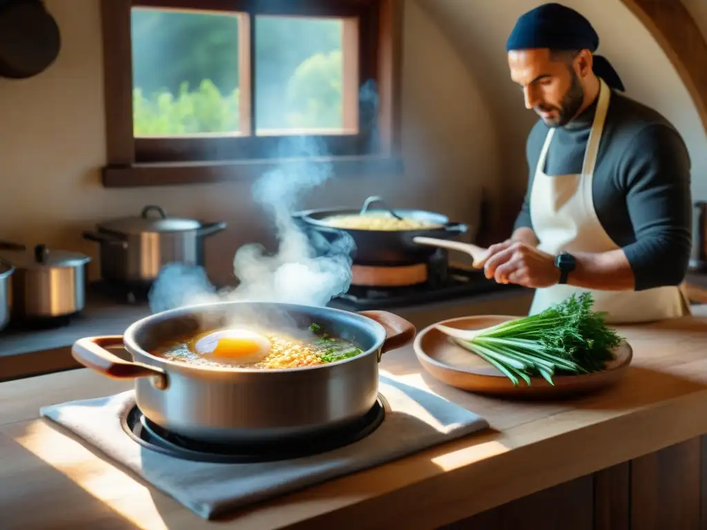 Un chef prepara sopa de cebolla italiana en una cocina rústica, evocando tradición culinaria y encanto