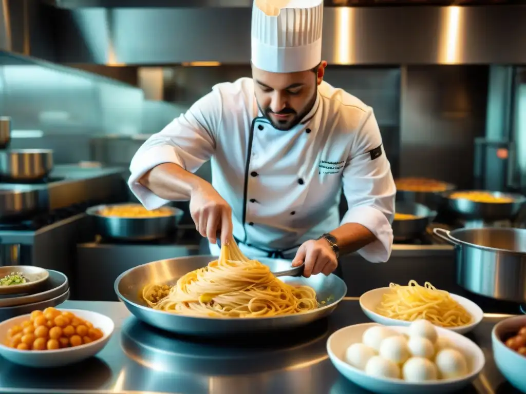 Chef preparando sorrentinos gourmet en cocina bulliciosa, mostrando precisión y arte culinario