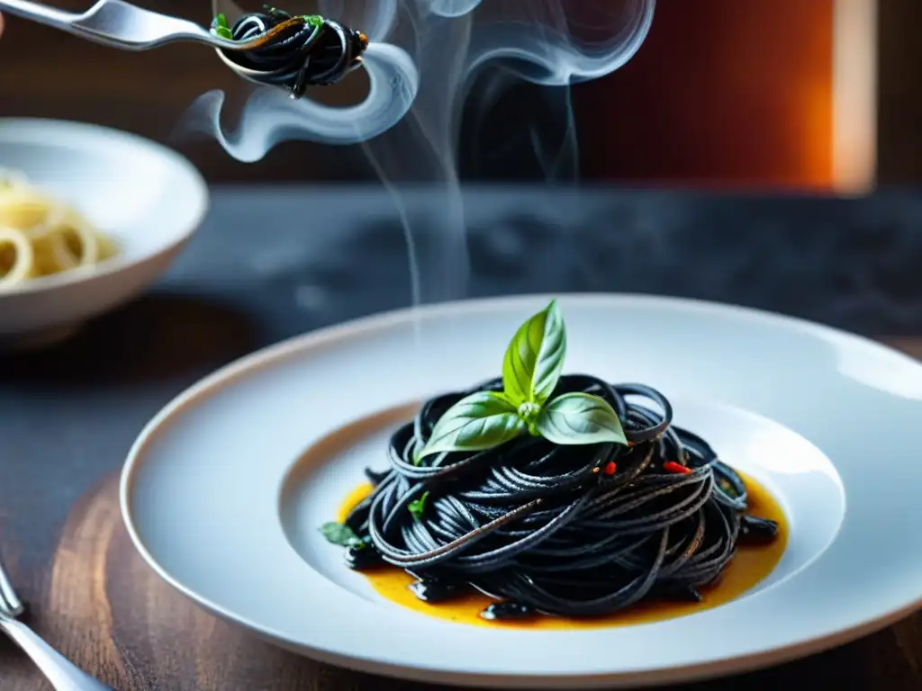 Un chef enrolla delicadamente Spaghetti Nero Seppia en un plato blanco, con albahaca y chile, en una cocina italiana rústica bajo el cálido sol