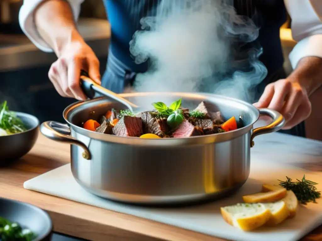 Un chef preparando un spezzatino italiano tradicional con ingredientes frescos y coloridos en una olla grande