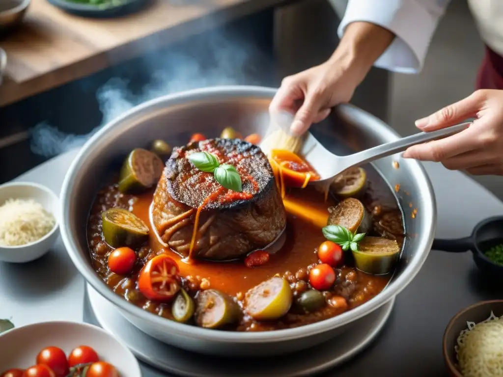 Chef atando técnica ossobuco para guiso milanés, salsa de tomate burbujeando en olla pesada