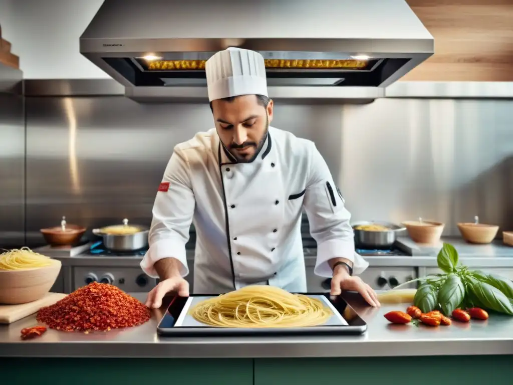 Chef usando tecnología en cocina italiana tradicional, con gadgets modernos y utensilios tradicionales