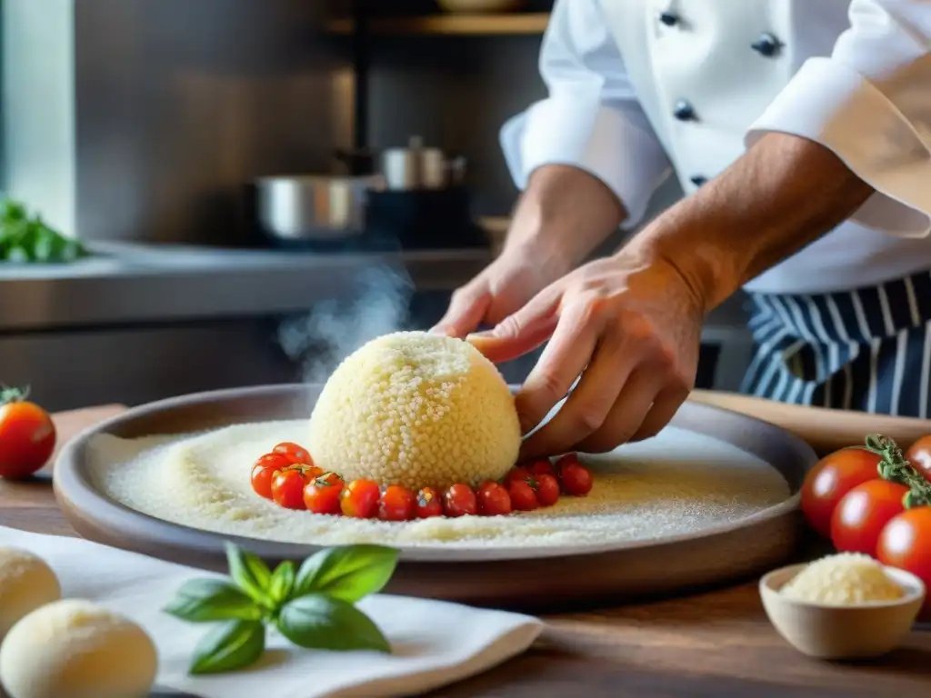 Un chef prepara con maestría Supplì al Telefono en cocina romana tradicional