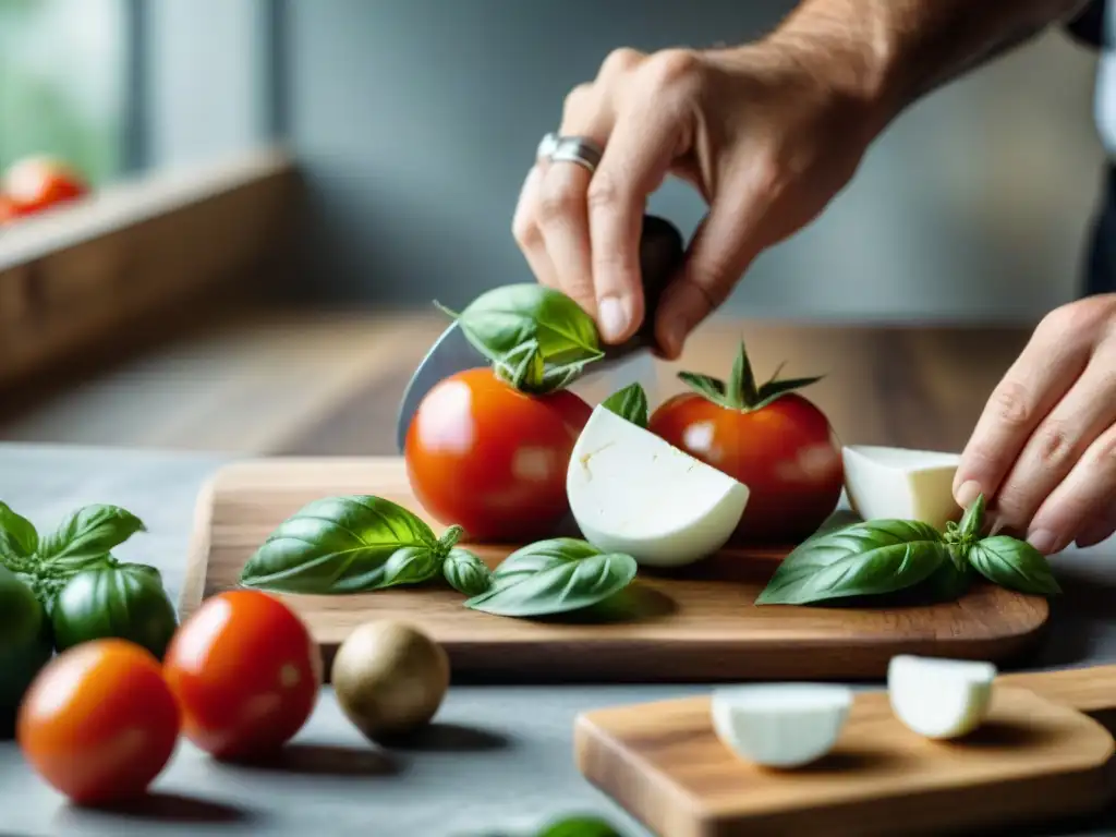 Un chef corta un tomate maduro con precisión para una receta caprese reinventada