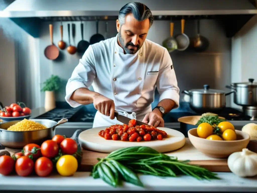 Un chef cortando tomates en una animada cocina italiana llena de vegetales frescos y utensilios tradicionales