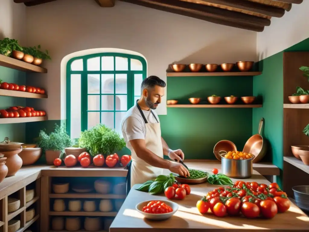 Chef cortando tomates en cocina italiana: ajetreo, ingredientes frescos y luz cálida