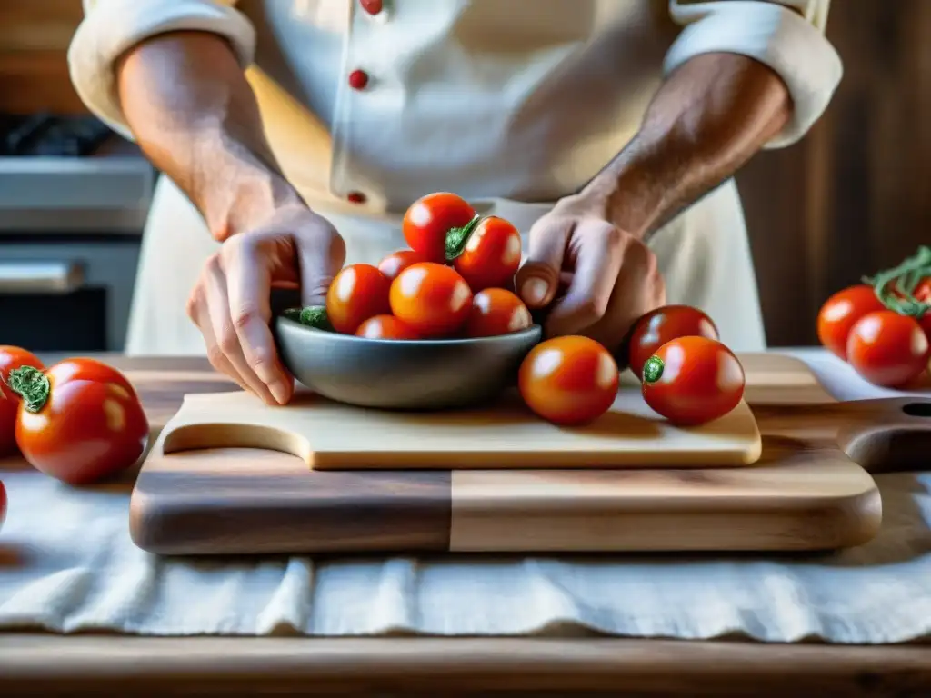 Un chef cortando tomates San Marzano maduros en una tabla de madera, resaltando su color rojo vibrante y textura jugosa