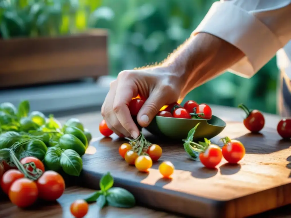 Un chef coloca tomates cherry recién cosechados en un tablero de madera, en un huerto urbano revolucionando cocina italiana