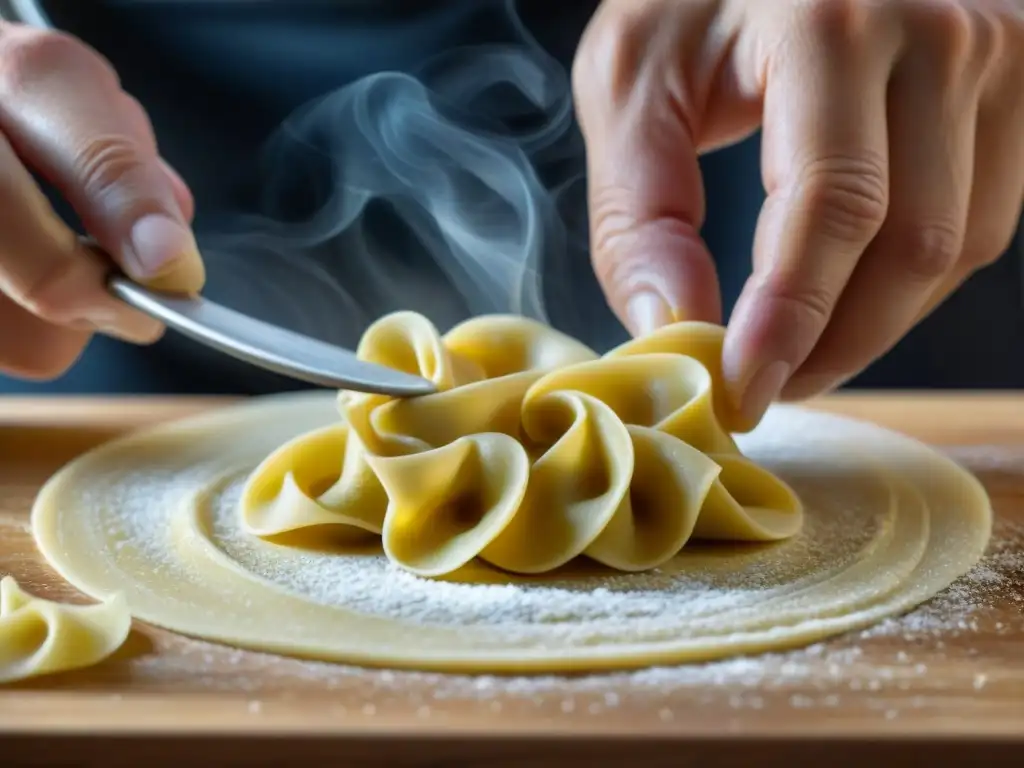 Un chef moldea un tortellini con destreza en un curso de cocina italiana online